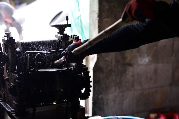 昔ながらの製法で黒糖を作る